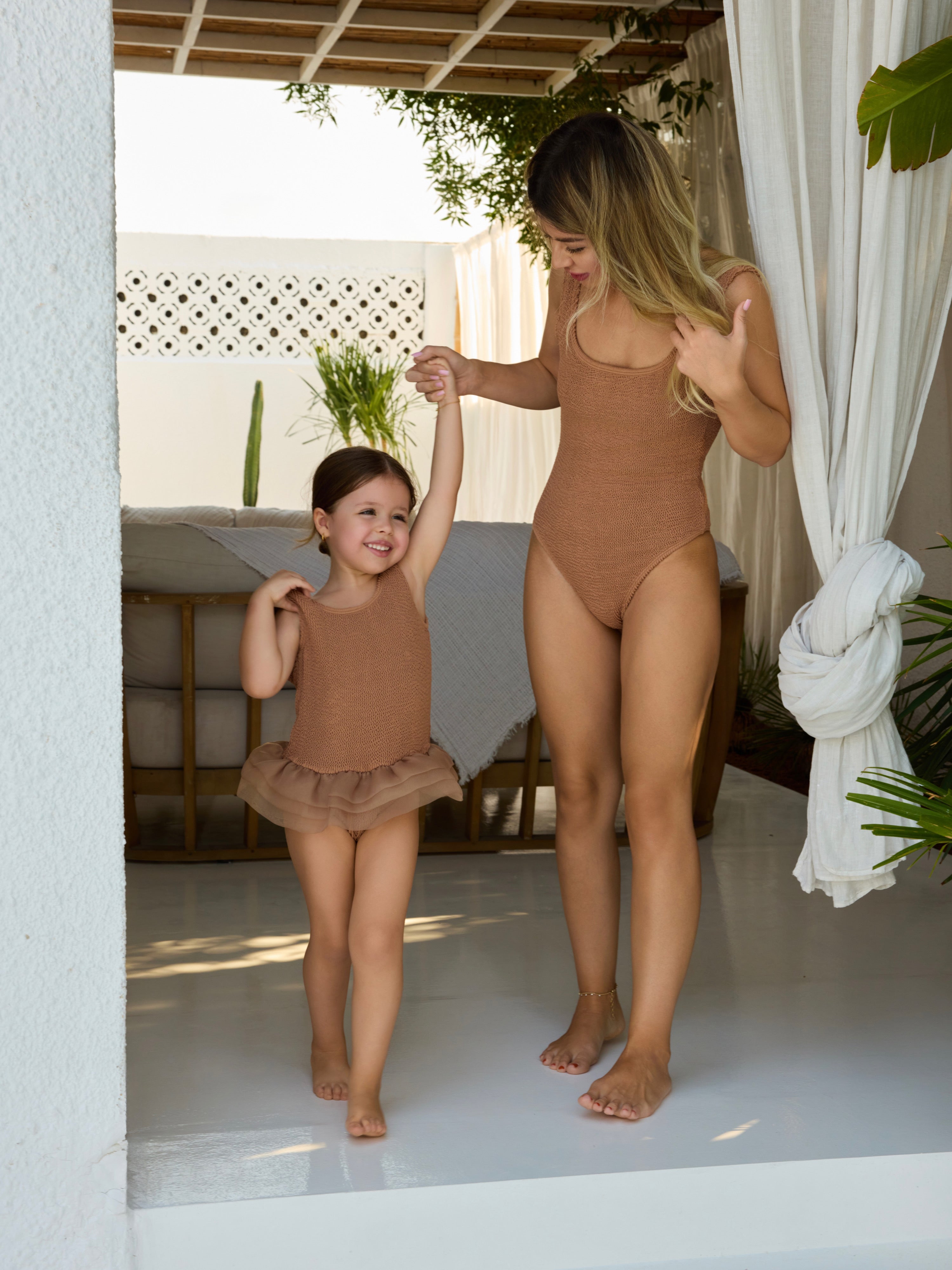 Muse Crinkle Swimsuit in mocha and Muse Kids Crinkle Swimsuit in mocha, matching mum & daughter swimsuits, premium crinkle fabric