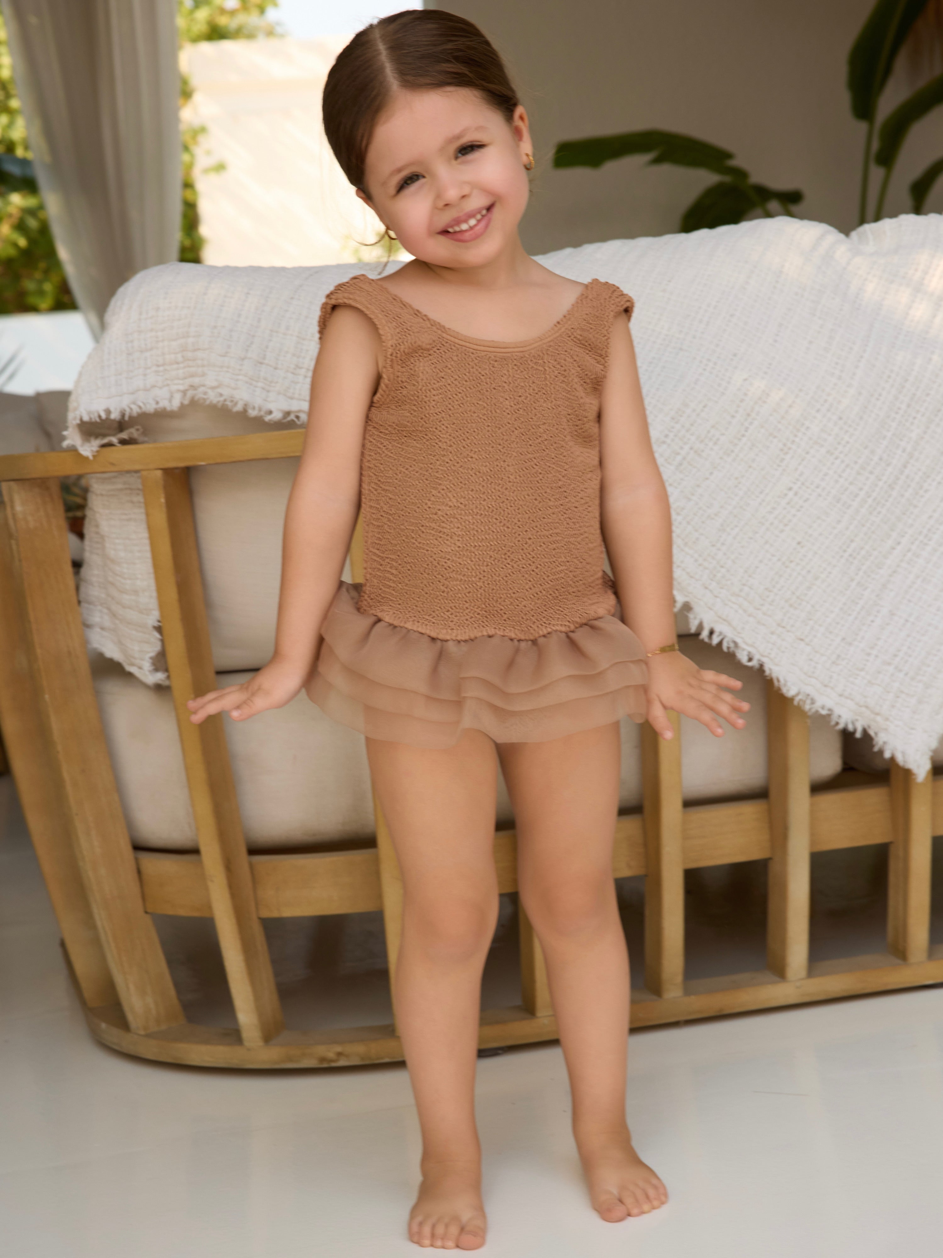 Muse Kids Swimsuit in mocha, 3-tier tutu, premium crinkle fabric, round neck, fully lined