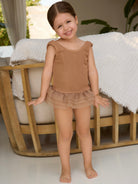 Muse Kids Swimsuit in mocha, 3-tier tutu, premium crinkle fabric, round neck, fully lined